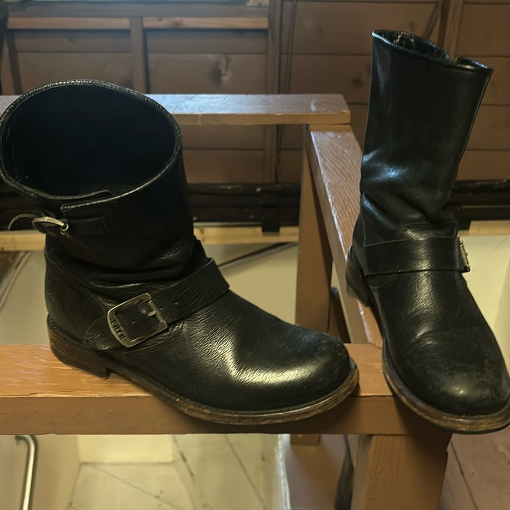 Frye Black Leather Combat Moto Boots